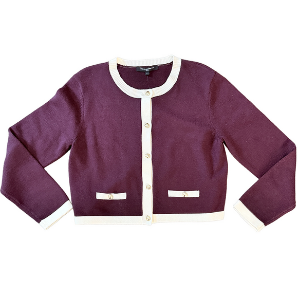 French Connection Vhari Contrast Preppy Cardigan Burgundy cream XL quiet luxury - Picture 6 of 8